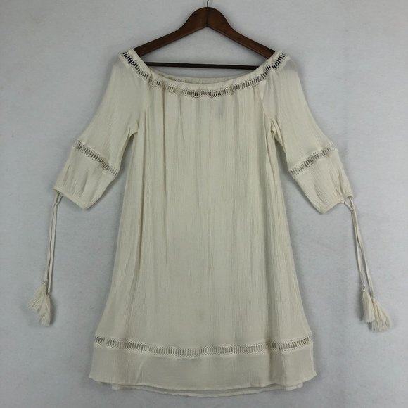 Wrangler Women's Medium Ivory Boho Tassel Sleeve Off The Shoulder Shift Dress - Picture 1 of 10